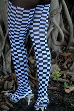 Checkerboard fashion tights in sky blue and black.