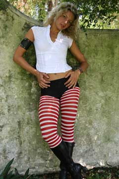 Striped white and red tights.