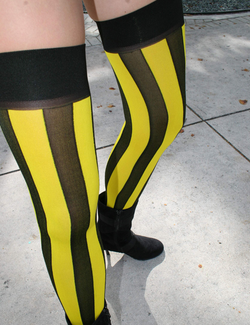 Yellow and black vertical striped thigh highs.