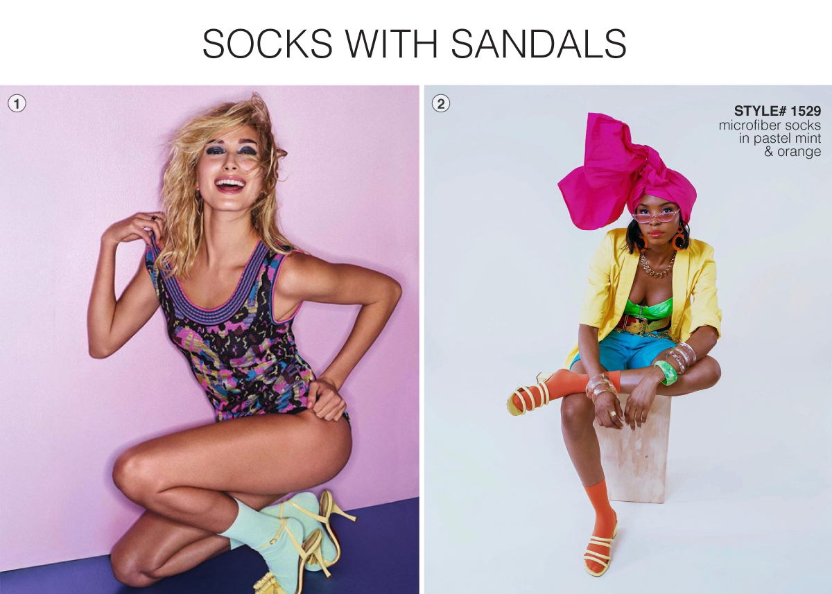 models sitting with different colored backgrounds wearing socks with sandals