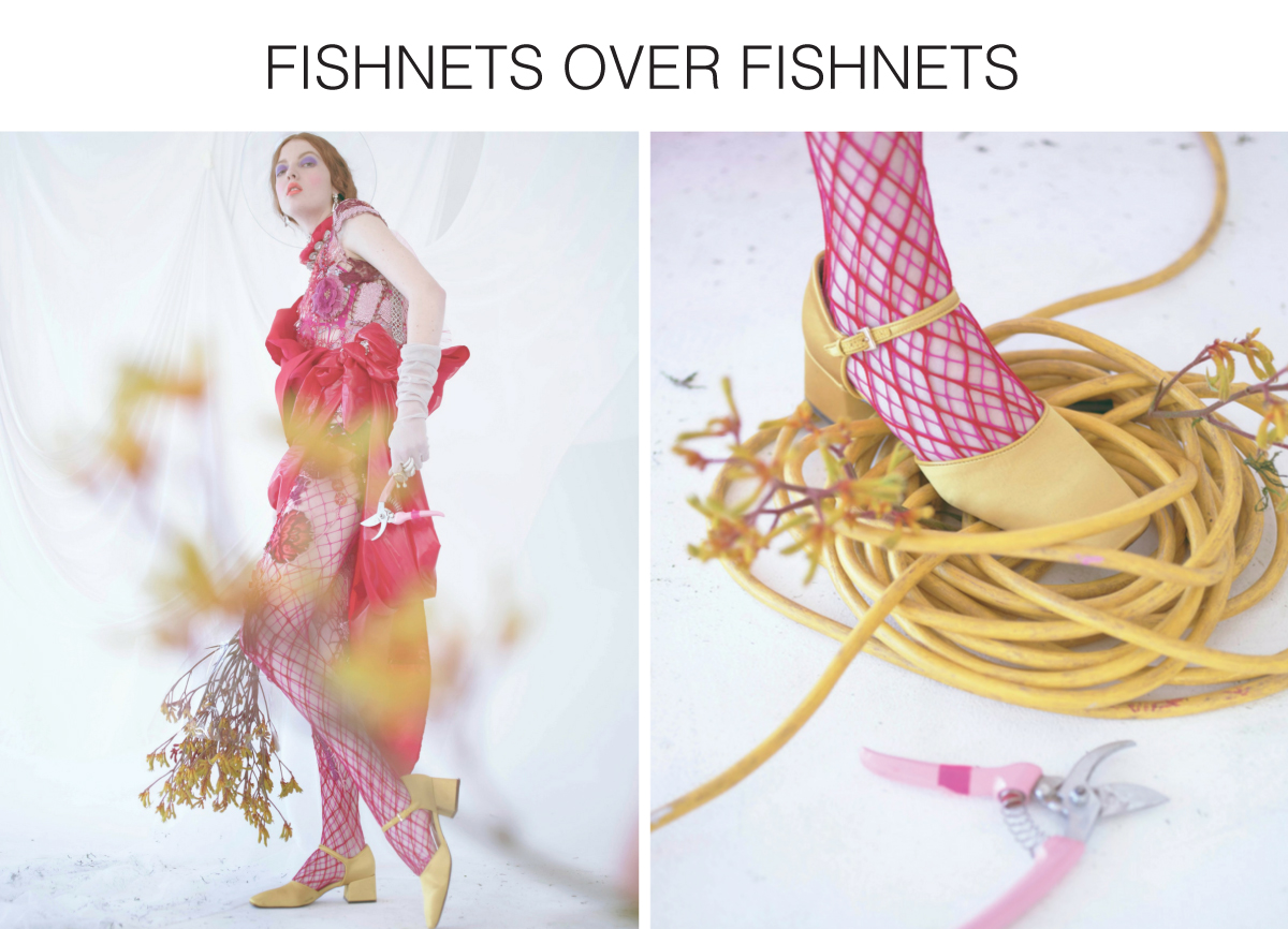 fashion editorial with model in a utopian garden set wearing fishnets