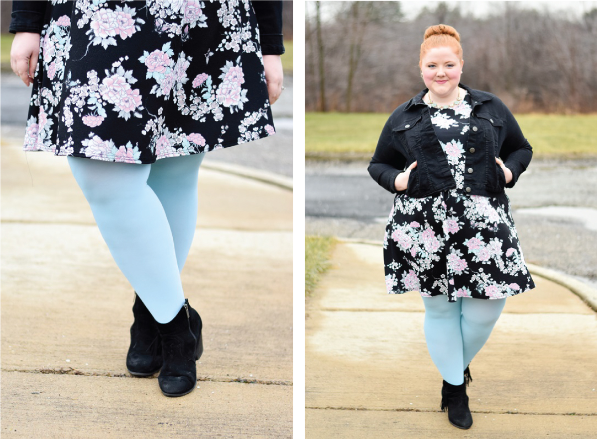woman standing outside in winter time wearing baby blue tights