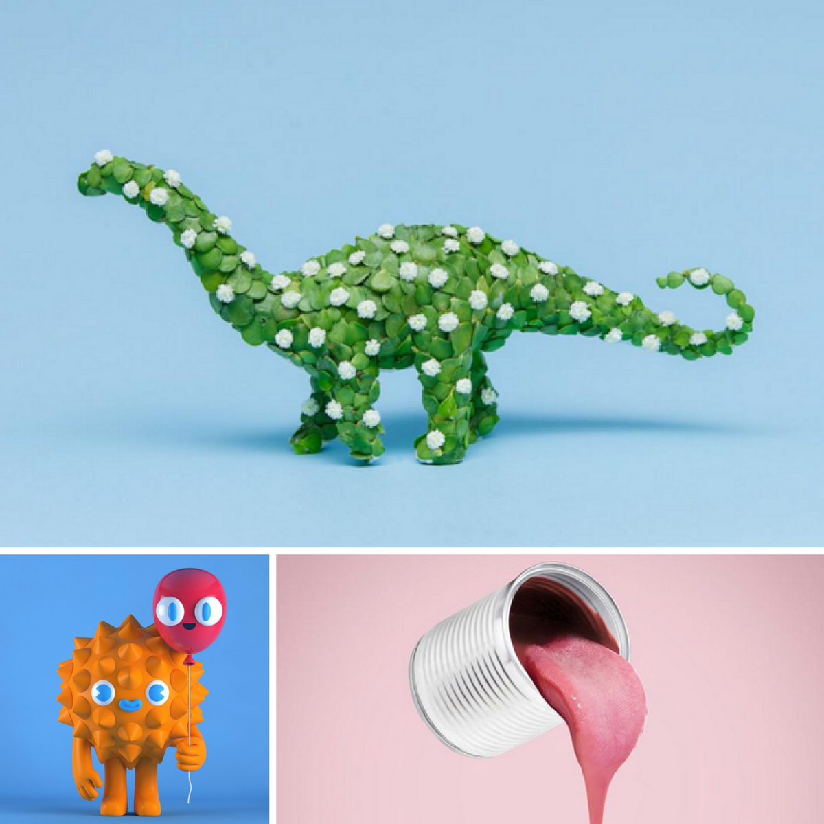 green plant dinosaur collaged with orange cartoon and pink tongue paint can 