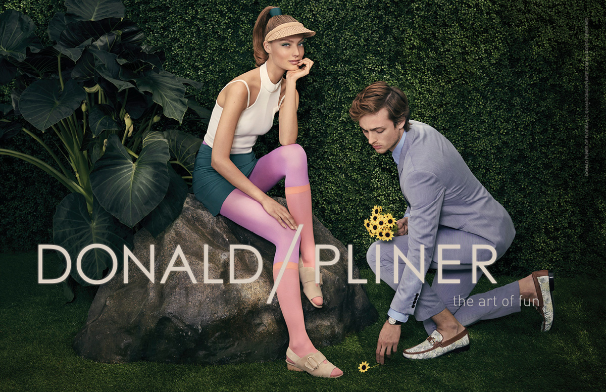 female and male model sitting on a rock wearing colored clothes and Donald Pliner Shoes
