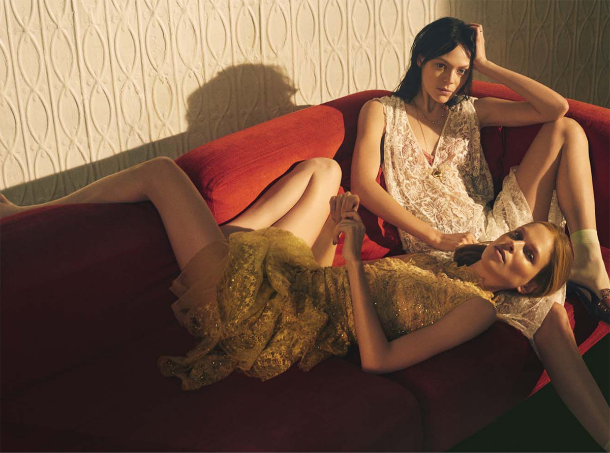 two women on a couch in dresses and sheet anklet in Ivory