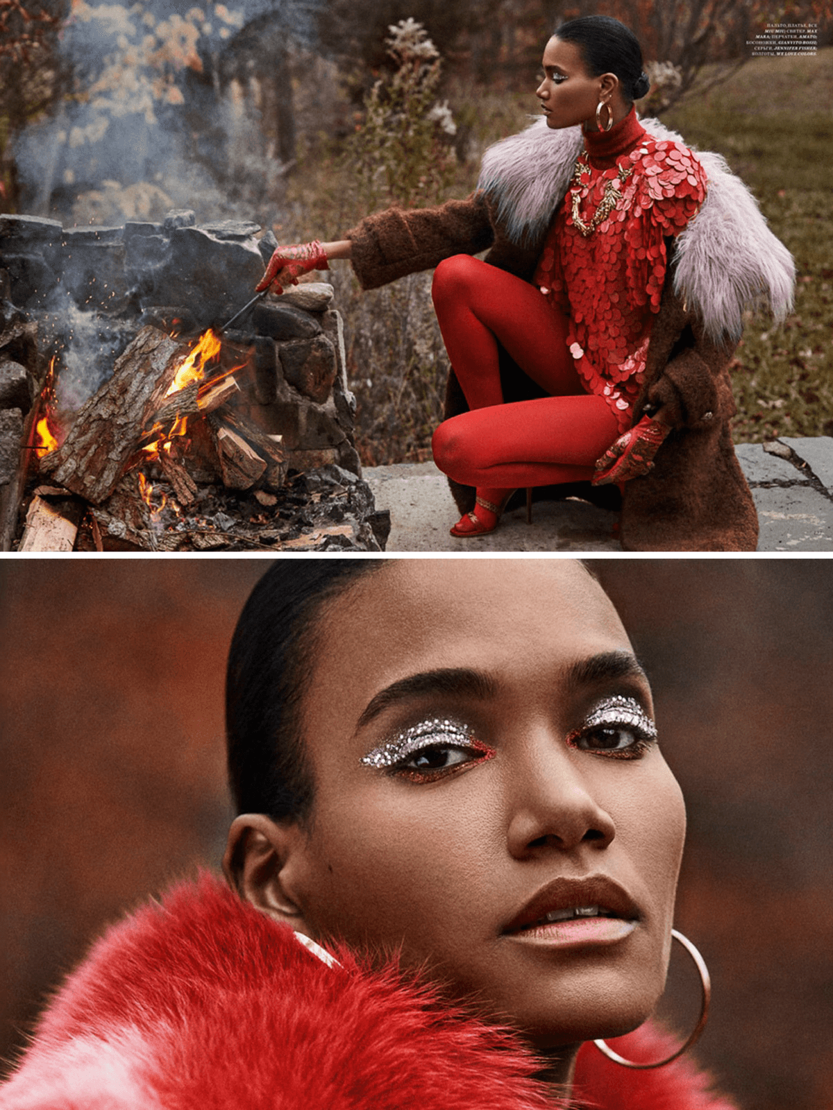 woman in red outfit by fire and close up of woman in red fur lined coat