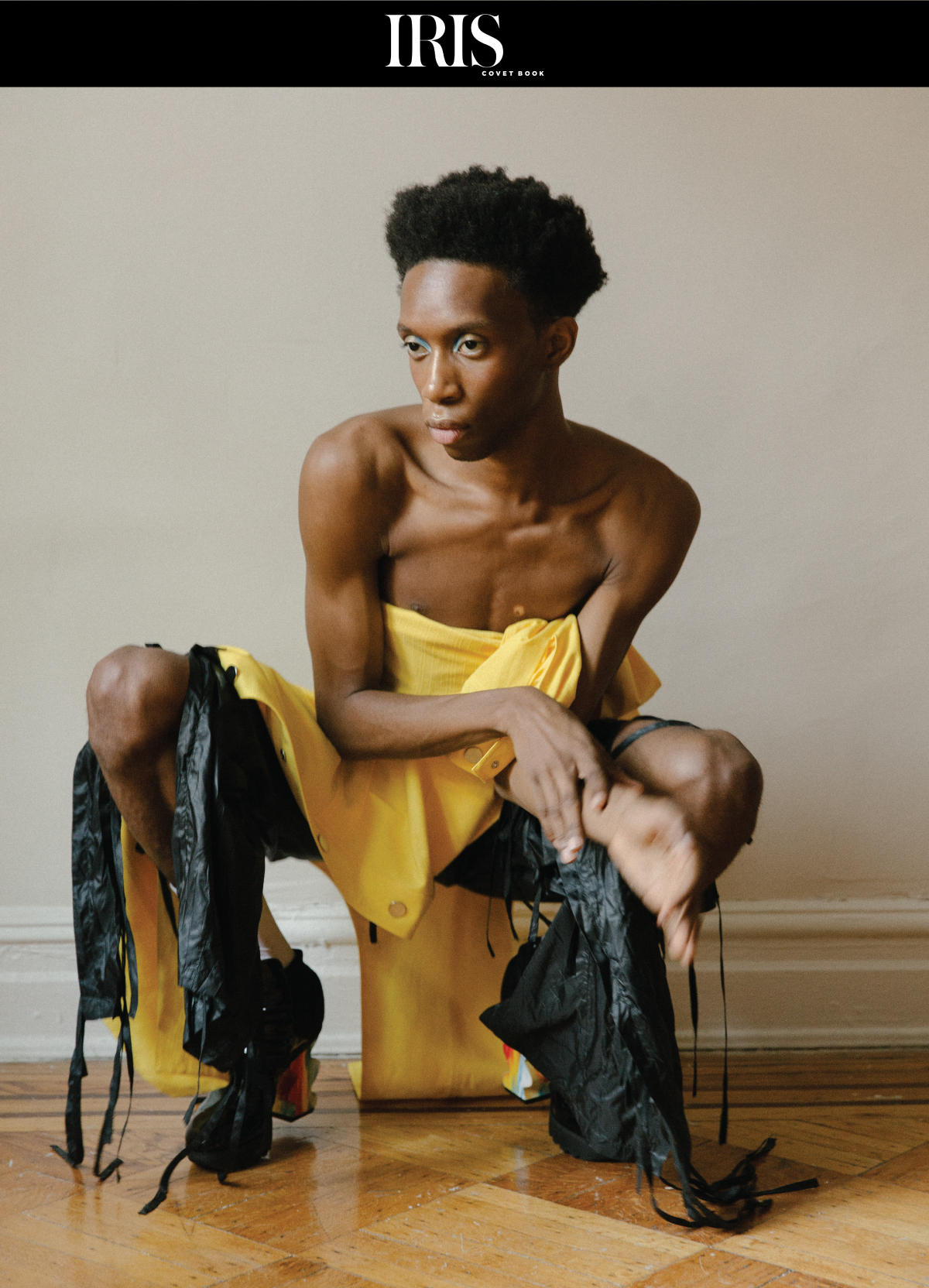 Iris Covet Editorial with male model wearing white microbfiber socks 