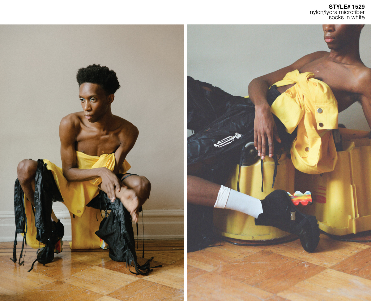 Photoshoot male model wearing microfiber socks in White