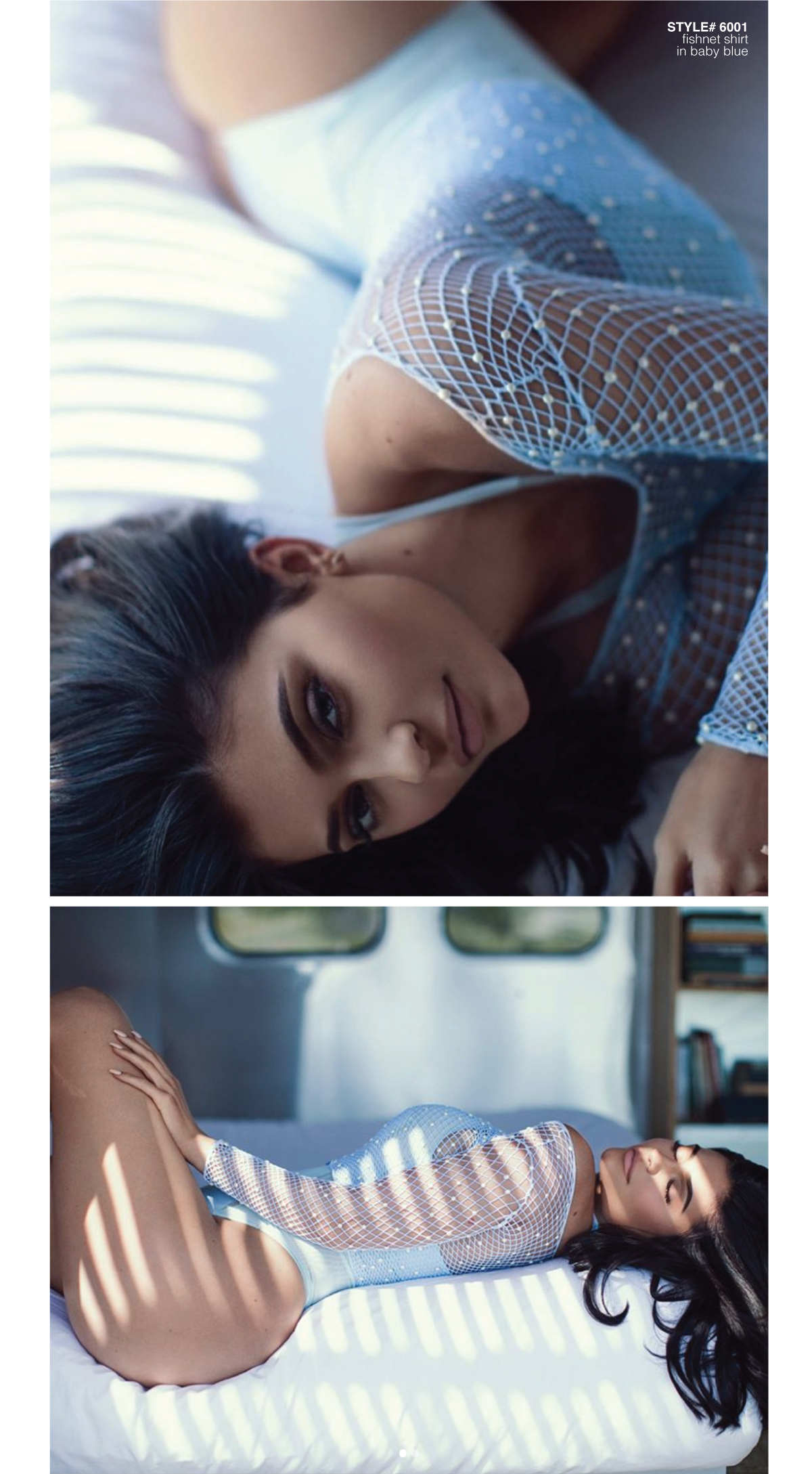 Kylie Jenner with laying down wearing a baby blue fishnet shirt