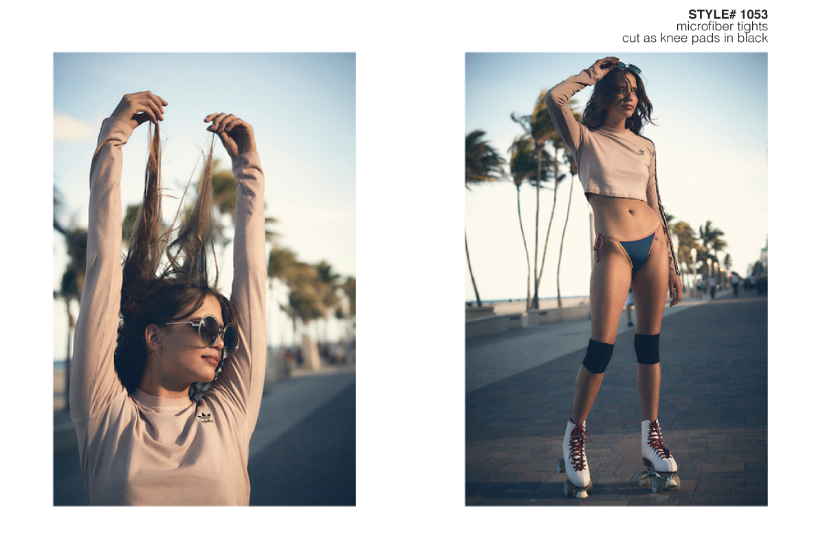 girl standing on the beach in roller skates with socks knee pads