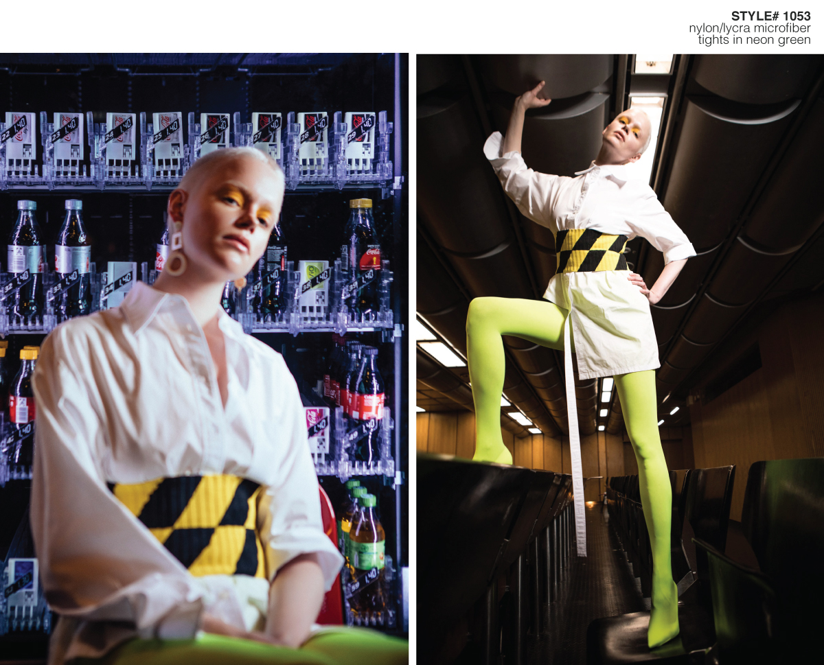 Fashion Collection photoshoot with model wearing neon green tights