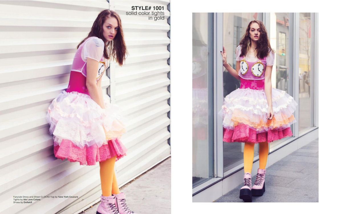 model walking on the streets wearing white and pink dress and yellow tights