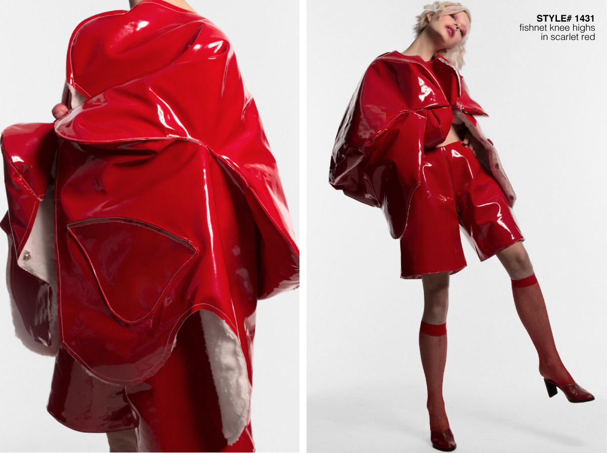 model wearing red sculptured surreal garment in a white background