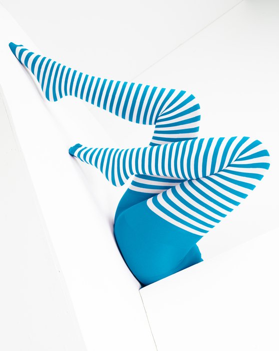 1203 Turquoise White Striped Tights