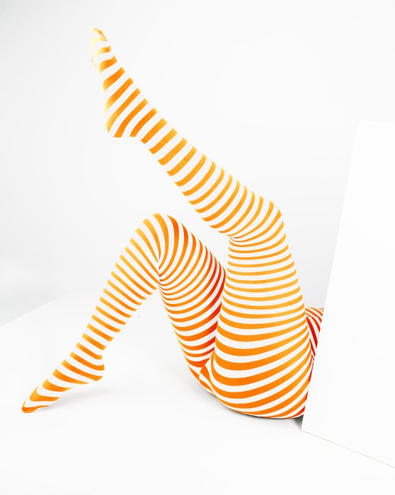 Neon Orange White Plus Sized Striped Tights Style# 1204 | We Love Colors