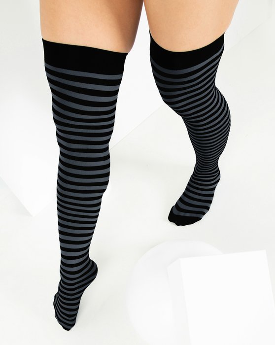 1503 Charcoal Black Striped Thigh High Socks