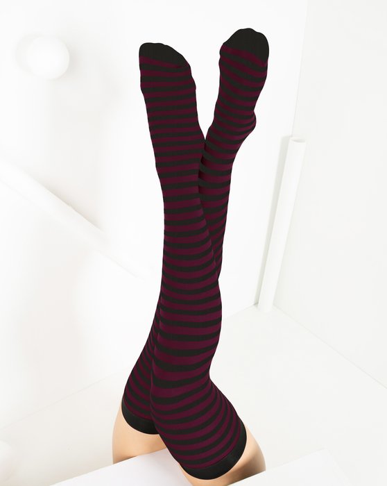 1503 Maroon Black Striped Thigh Highs