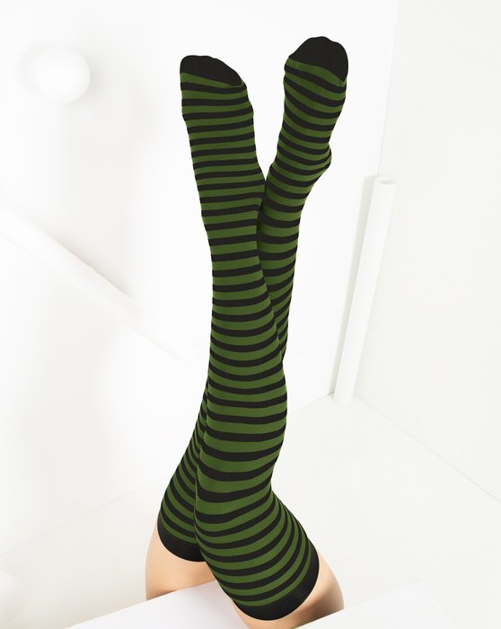 Olive Green Black Striped Thigh Highs Style# 1503 | We Love Colors